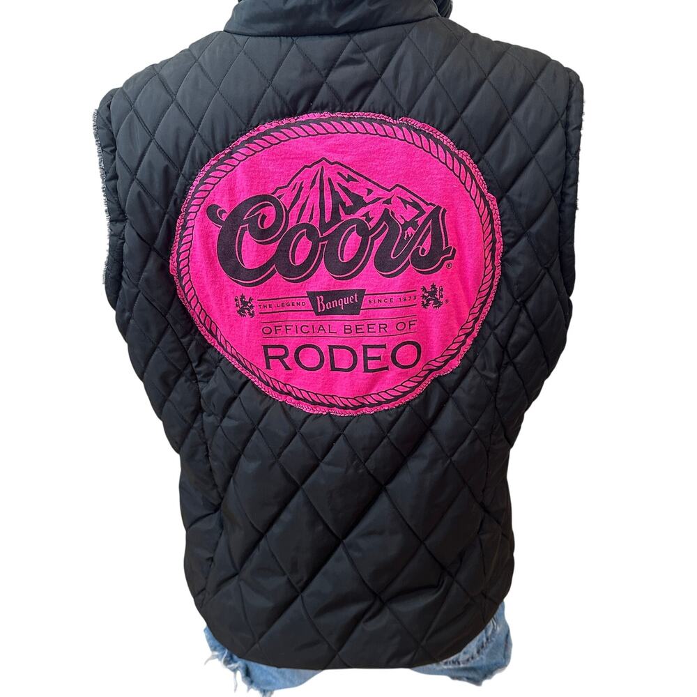 Coors Rodeo Black Puffer Vest XL Western Unique Tailgate Faux Fur Upcycled